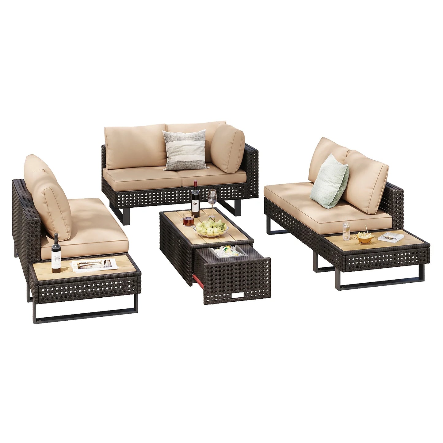 6-Piece Outdoor Sectional Furniture Set for Patio, Expandable Coffee Table w/Ice Bucket & Collapsible Seat, Deep Cushions - Khaki