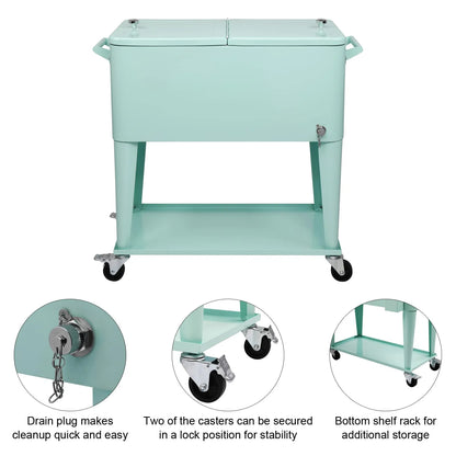 BNSPLY 80 Quart Outdoor Cooler Cart Rolling Ice Chest Cooler Cart, Portable Patio Cooler with Bottle Opener, Handles and Drainage, Standing Cooler for Patio Party, Camping and BBQ, Mint Green