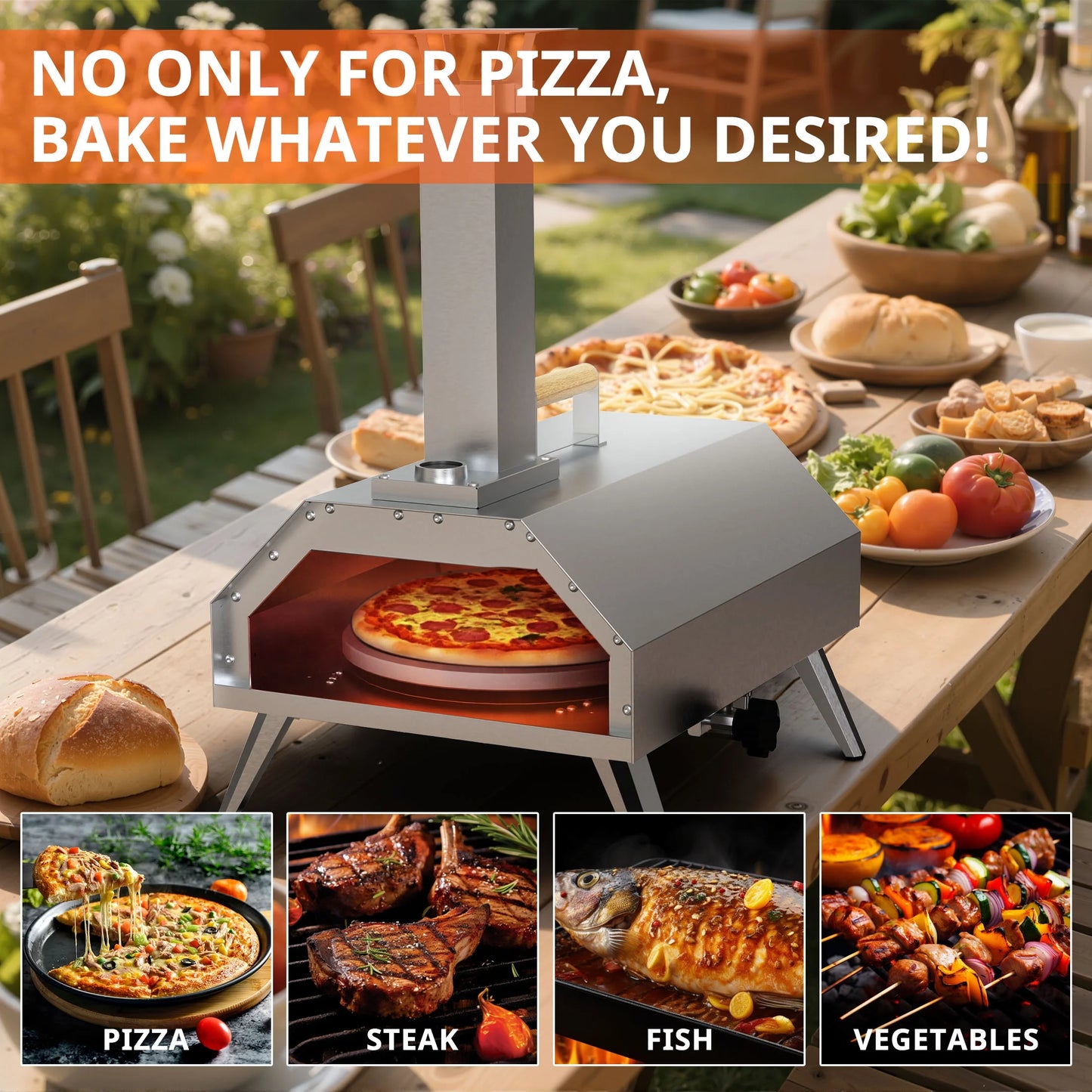 Enyopro 12" Portable Stainless Steel Pizza Oven, Wood Fired Pizza Maker with 360° Rotating Stone, Ash Tray, Thermometer and Foldable Legs, Pizza Cutter for Home, Patio and Camping