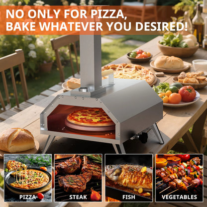 Enyopro 12" Portable Stainless Steel Pizza Oven, Wood Fired Pizza Maker with 360° Rotating Stone, Ash Tray, Thermometer and Foldable Legs, Pizza Cutter for Home, Patio and Camping