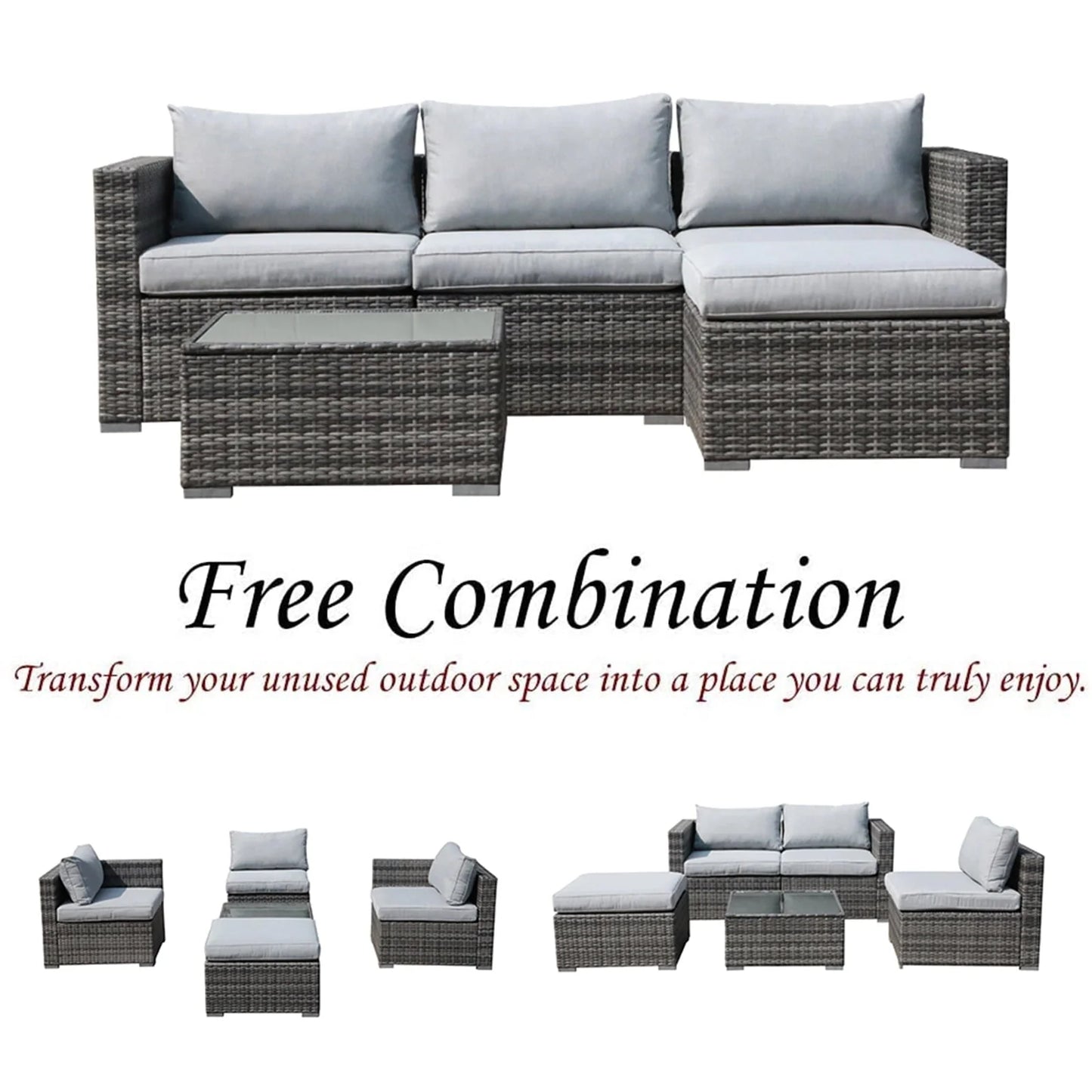 JOIVI 5 Pieces Outdoor Patio Furniture Set, All Weather PE Gray Wicker Rattan Sectional Furniture Set with Coffee Table, Light Gray