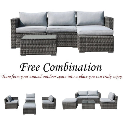 JOIVI 5 Pieces Outdoor Patio Furniture Set, All Weather PE Gray Wicker Rattan Sectional Furniture Set with Coffee Table, Light Gray