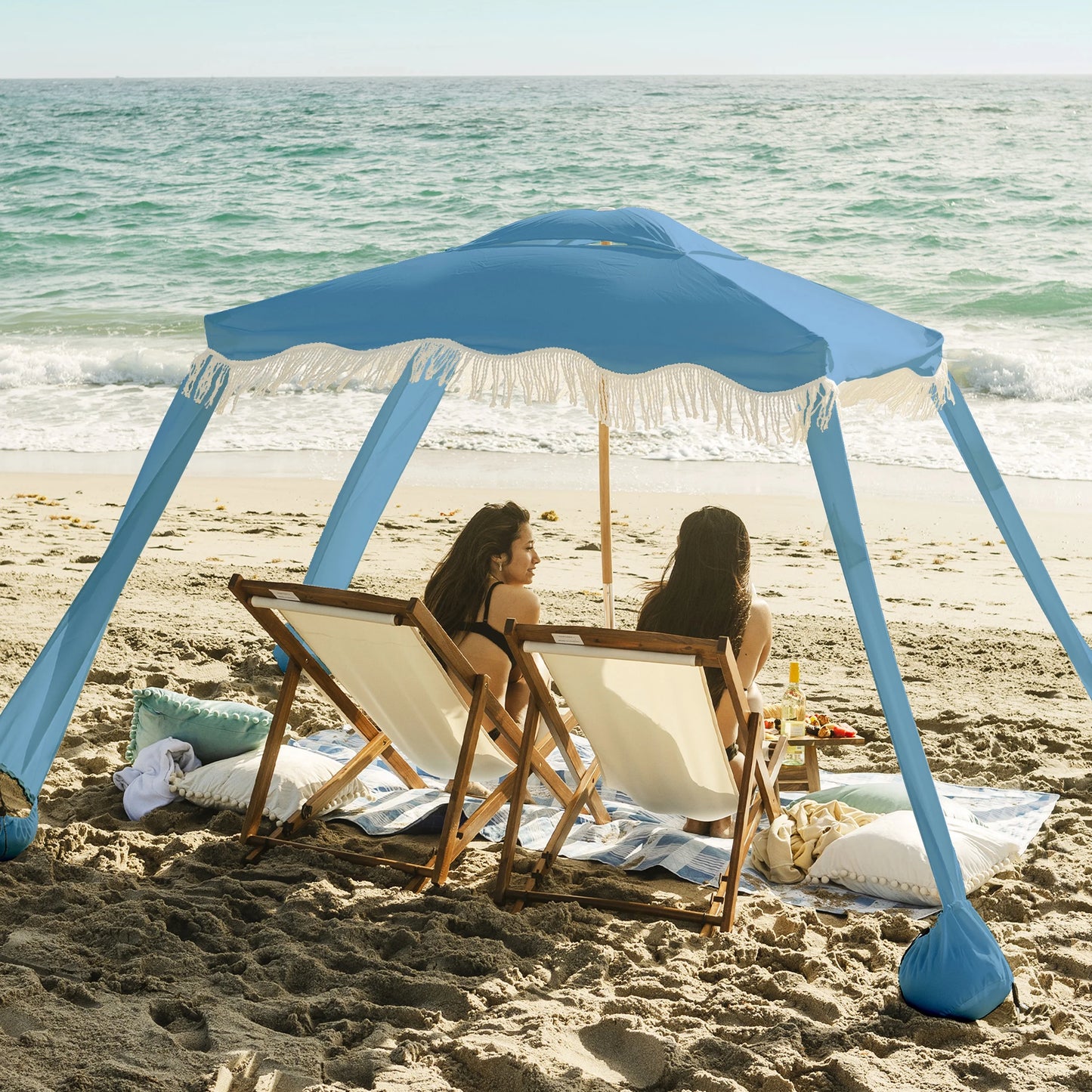 AMMSUN 6'×6' Boho Beach Cabana Tent Canopy with Tassels Fringe UPF50+ Outdoor for Beach Patio,White