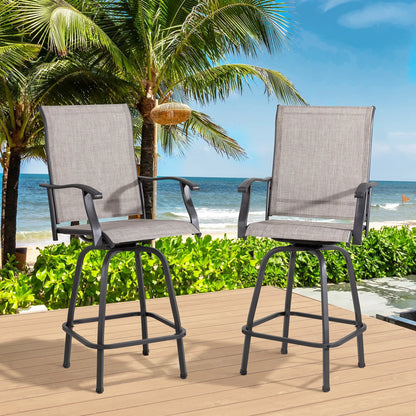 Sobaniilo Outdoor Patio Swivel Bar Stools, Set of 2 Metal Textile High Swivel Bar Chairs for Backyard, Lawn Garden, Balcony, Taupe