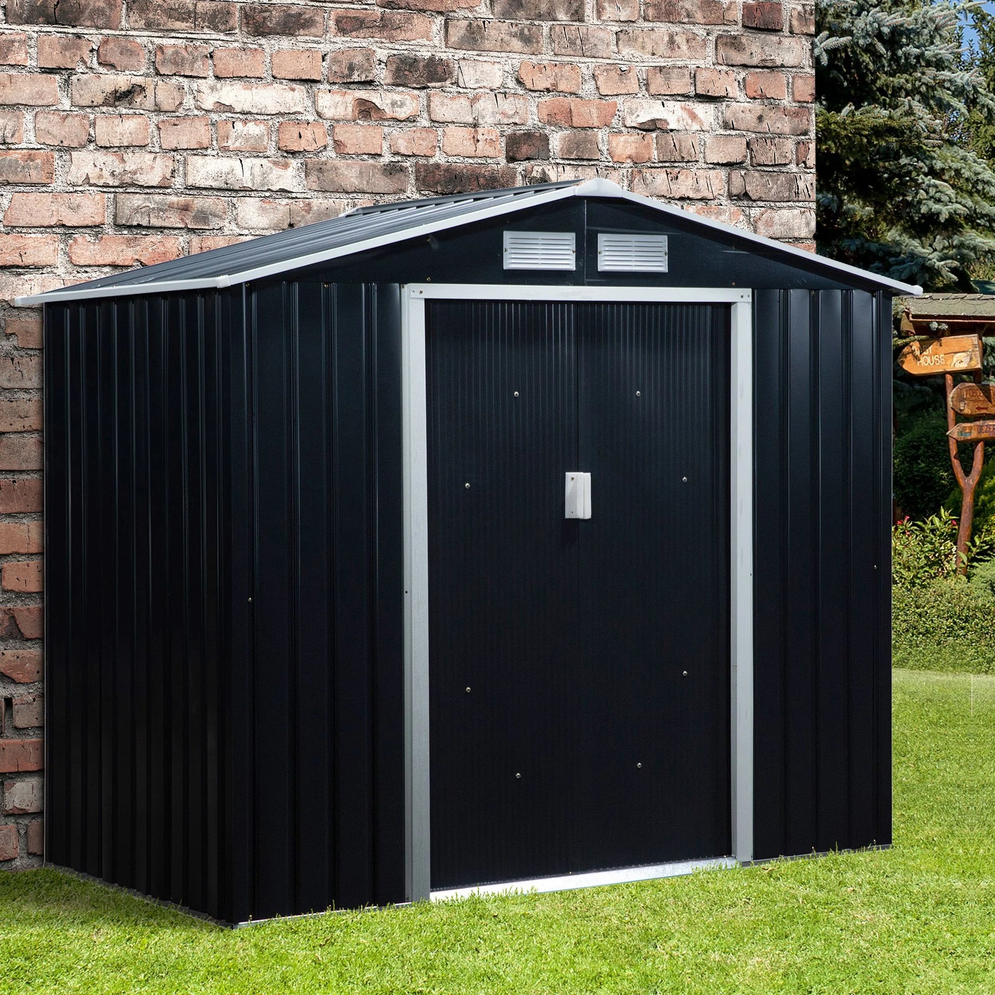 Outsunny 7' x 4' Metal Storage Shed Organizer, Garden Tool House with 4 Vents and 2 Sliding Doors for Backyard, Patio, Garage, Lawn, Dark Gray