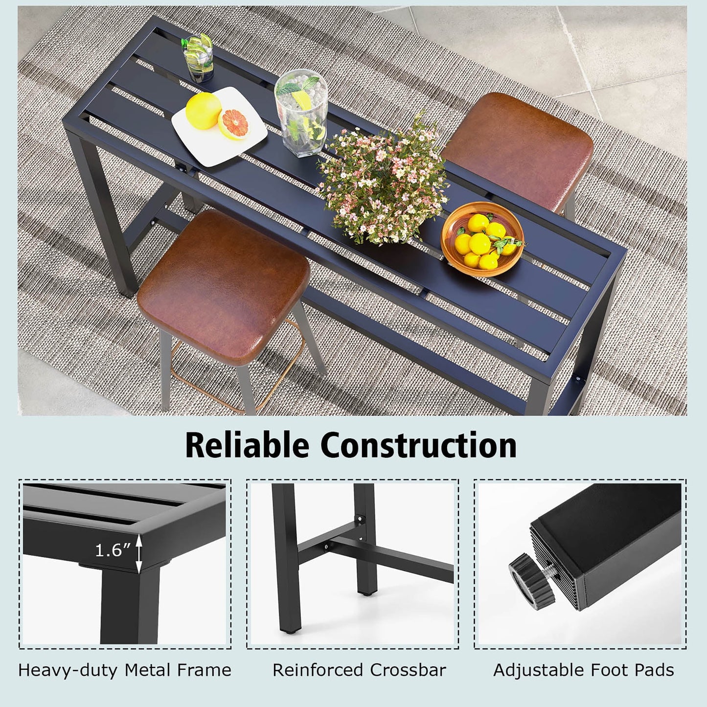 Costway Outdoor Metal Bar Table 55'' Patio Rectangular Counter Height Dining Table Black