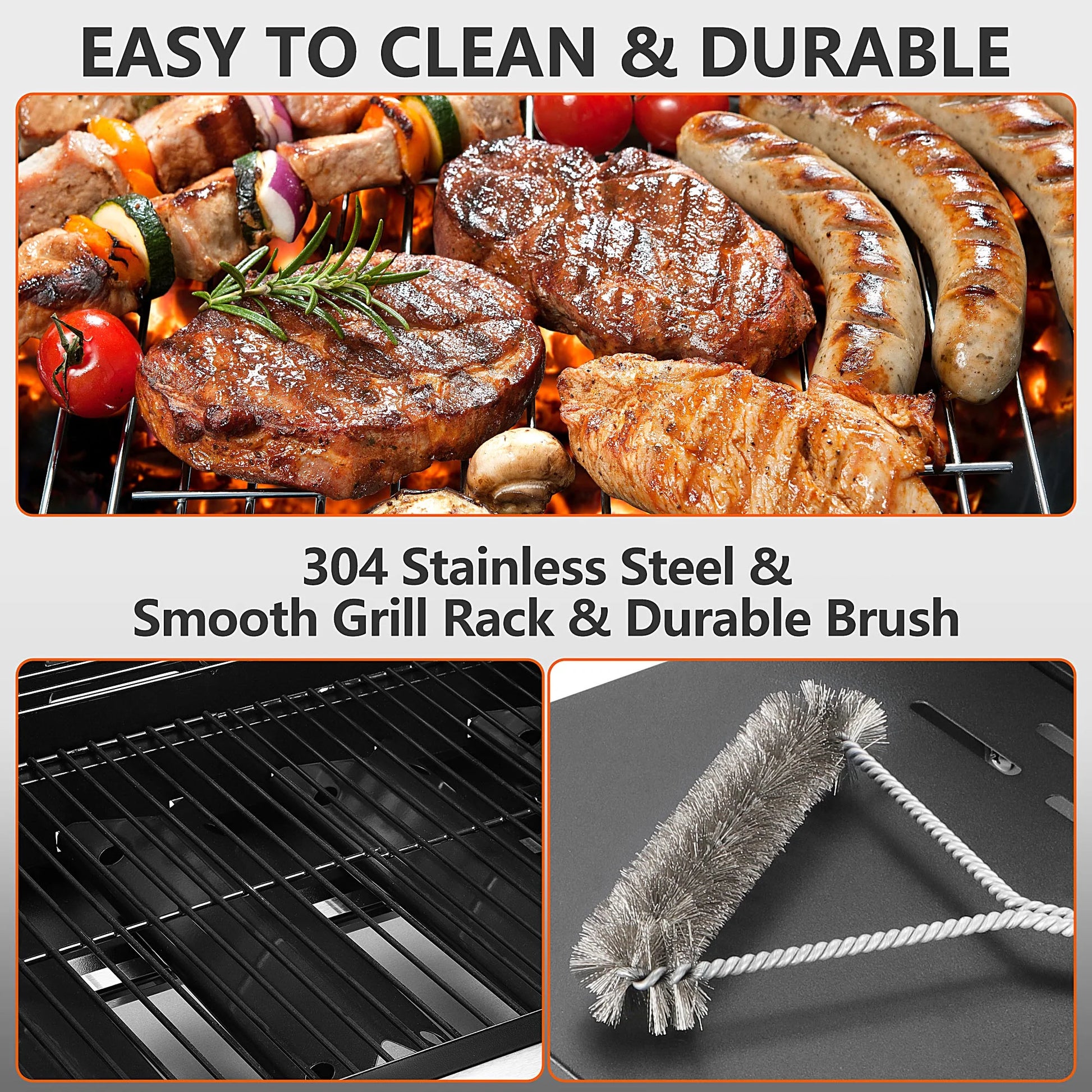 40,000BTU Grill w/Brush, 4-Burner Propane Gas Grill Stainless Steel, Outdoor Camping BBQ Grill on Wheels Portable for Patio Poolside RV