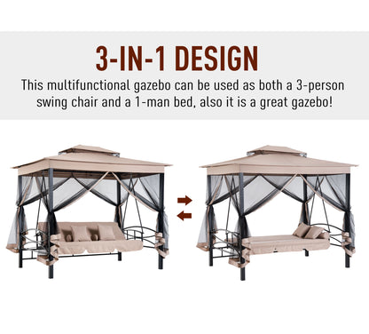 Outsunny 3 Person Patio Swing Chair, Gazebo Swing with Double Tier Canopy, Cushioned Seat, Mesh Sidewalls, gray