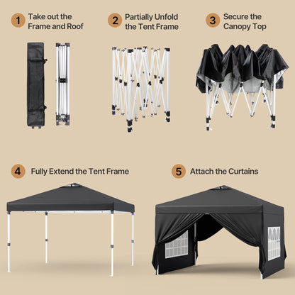 10'x10' Pop-up Canopy Tent with 4 Removable Sidewalls – Lofka Portable Outdoor Canopy with 4 Sandbags, 8 Stakes & Ropes – Perfect for Beach, Party, Patio & Yard Events, Black