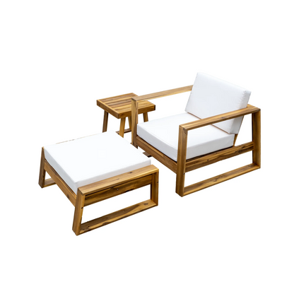 Harper & Bright Designs Wood Outdoor Lounge Chair & Ottoman Set, Modern Patio Seating Chaise with Solid Wood Frame & Water-Resistant for Backyard Poolside Garden, Natural+Beige