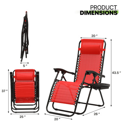Magshion 2PCS Zero Gravity Foldable Chairs Set Adjustable Recliners with Pillow Outdoor Lounge Chaise Built-in Cup Holder for Camping Patio Porch Beach Backyard Garden, Red