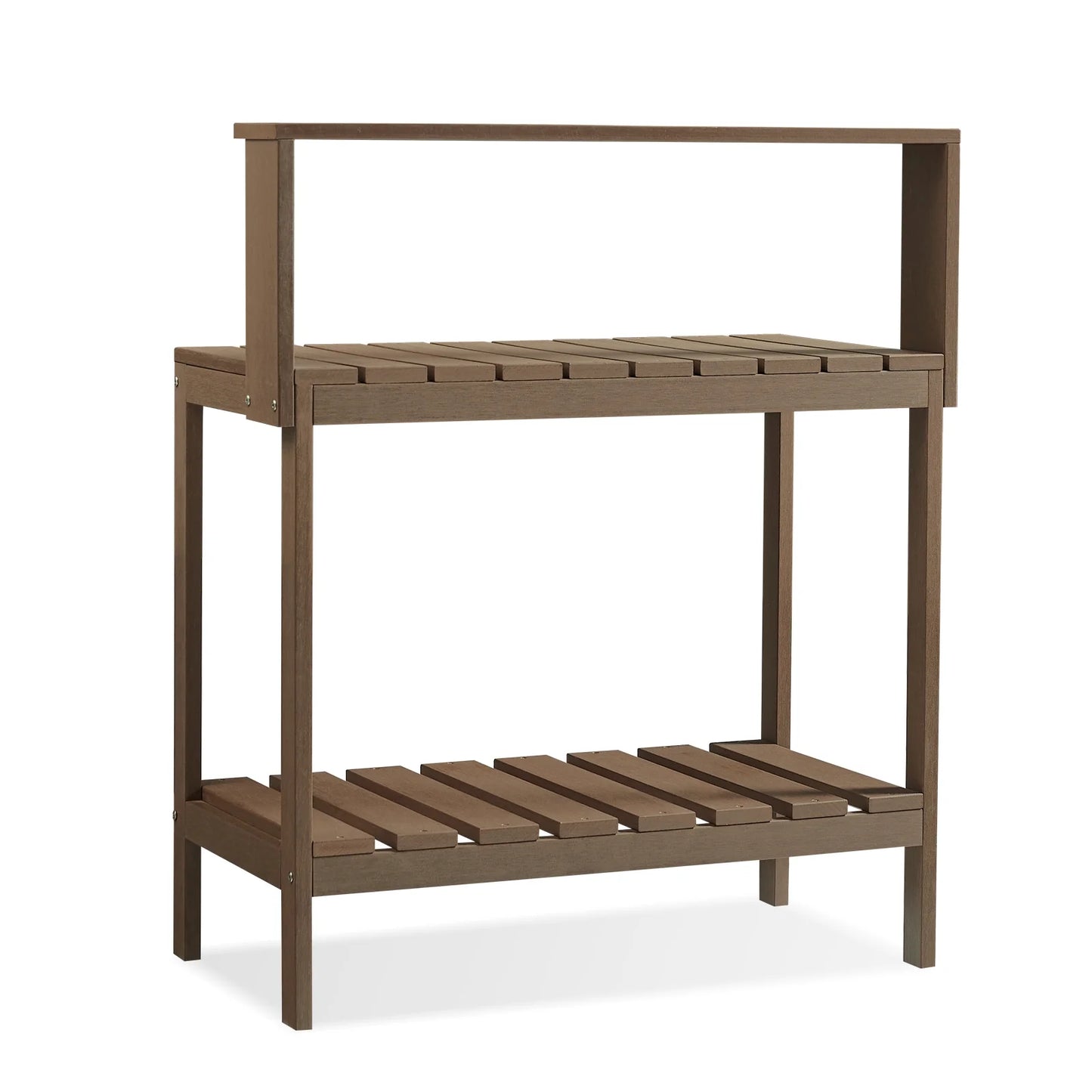 GONICHA Outdoor Poly Lumber Potting Bench, Polystyrene Garden Table with Storage Shelves, All-Weather Patio Work Station for Gardening,Brown