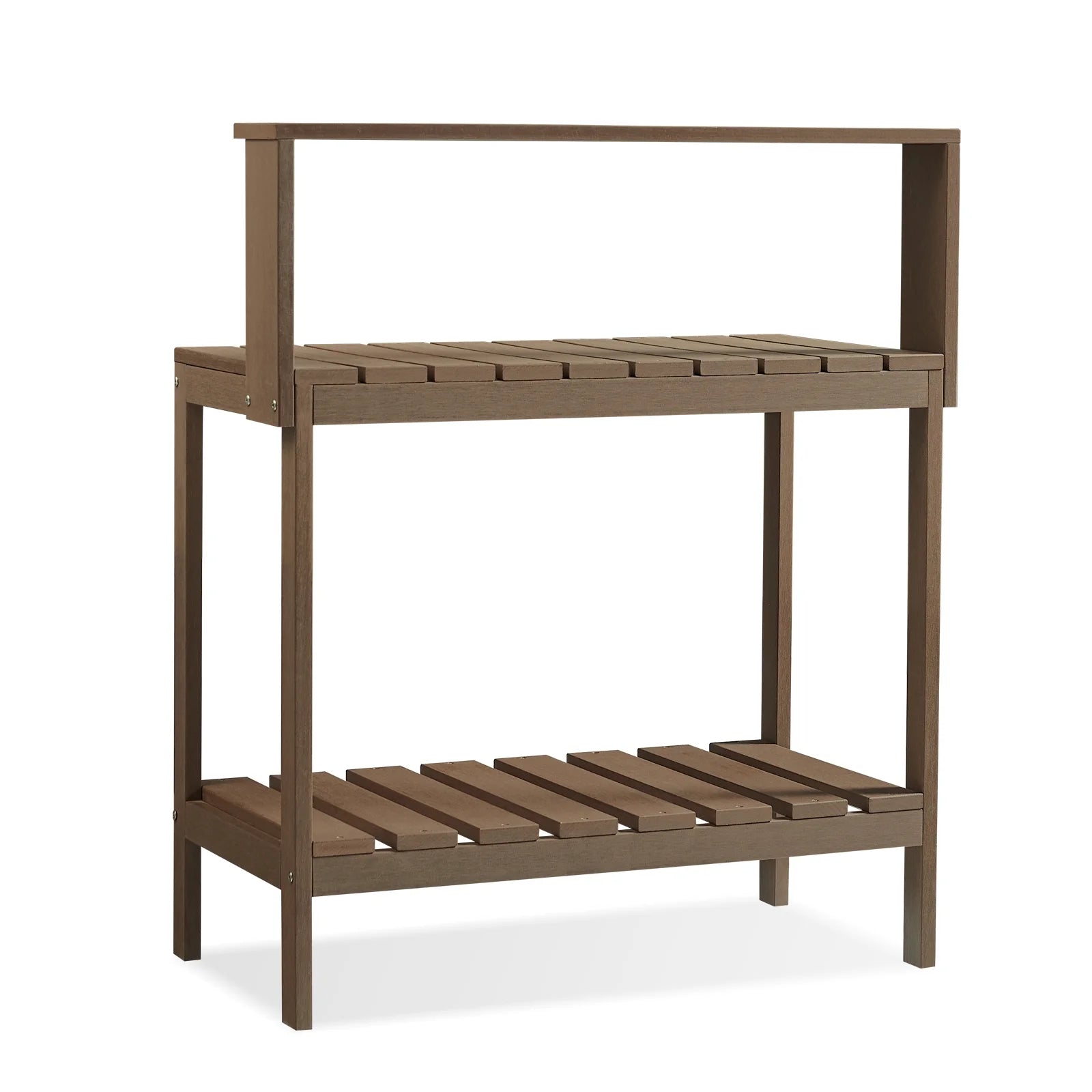 GONICHA Outdoor Poly Lumber Potting Bench, Polystyrene Garden Table with Storage Shelves, All-Weather Patio Work Station for Gardening,Brown