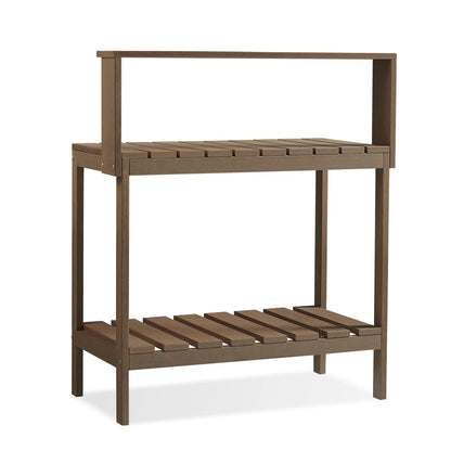 GONICHA Outdoor Poly Lumber Potting Bench, Polystyrene Garden Table with Storage Shelves, All-Weather Patio Work Station for Gardening,Brown