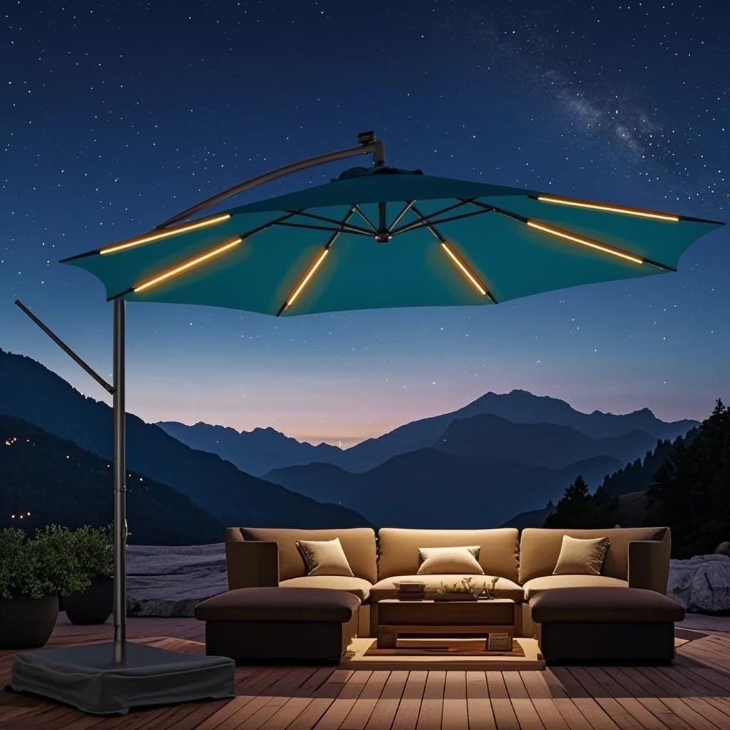 10ft Patio Umbrella Offset with Solar Light and Base,Offset Hanging Patio Outdoor Market Umbrella with Easy Tilt and Crank,for Yard,Garden,Home,Pool & Deck,Green