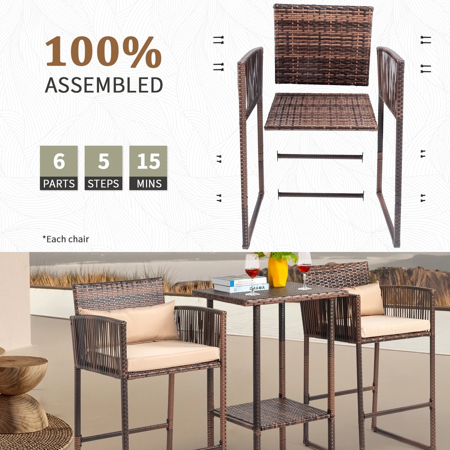 Ktaxon 3 Pcs Wicker Bar Set for Outdoor, Garden, Deck, Rattan Conversatuon Set w/Cushion, Patio Furniture Set, Brown