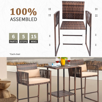 Ktaxon 3 Pcs Wicker Bar Set for Outdoor, Garden, Deck, Rattan Conversatuon Set w/Cushion, Patio Furniture Set, Brown