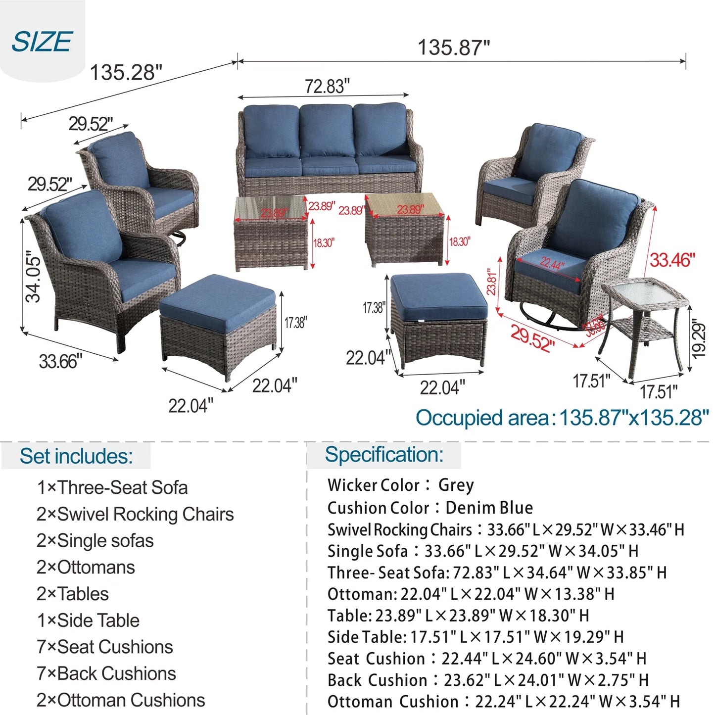 Ovios 10 Pieces Outdoor Patio Furniture Set All Weather Wicker Conversation Set Outdoor Sectional Sofa Couch with 360 Degree Swivel Rocking Chairs for Balcony