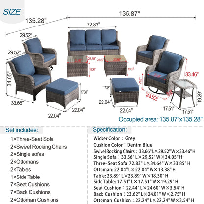 Ovios 10 Pieces Outdoor Patio Furniture Set All Weather Wicker Conversation Set Outdoor Sectional Sofa Couch with 360 Degree Swivel Rocking Chairs for Balcony