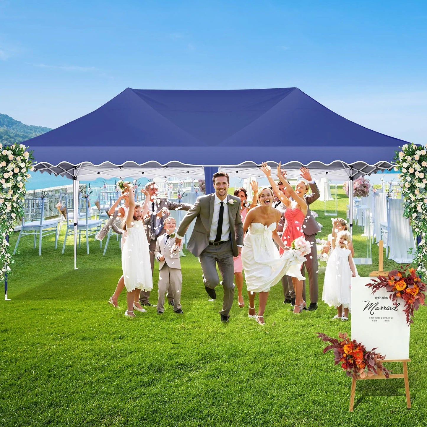 HOTEEL 10x20 Pop Up Canopy Tents for Parties, Outdoor Tent with Wheeled Bag & 4 Sandbags, Easy Setup Shelter Gazebo for Wedding, Patio Events, Commercial, Party -Waterproof and UV50+, Dark Blue