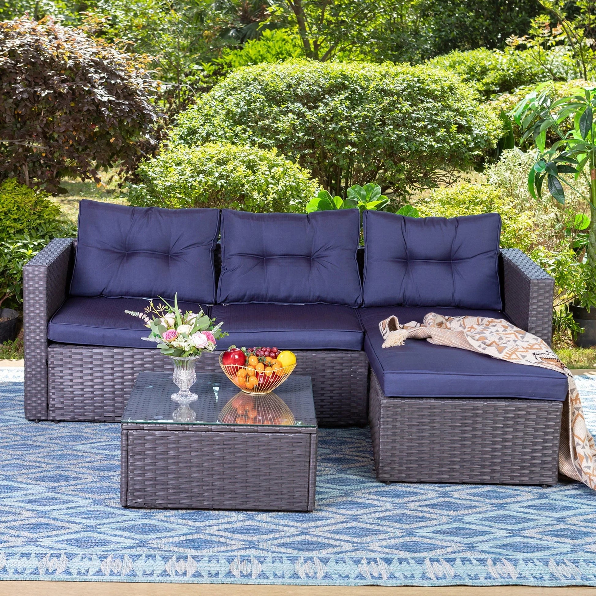 Sophia & William 3Pcs Outdoor Patio Wicker Rattan Sectional Sofa Set - Blue