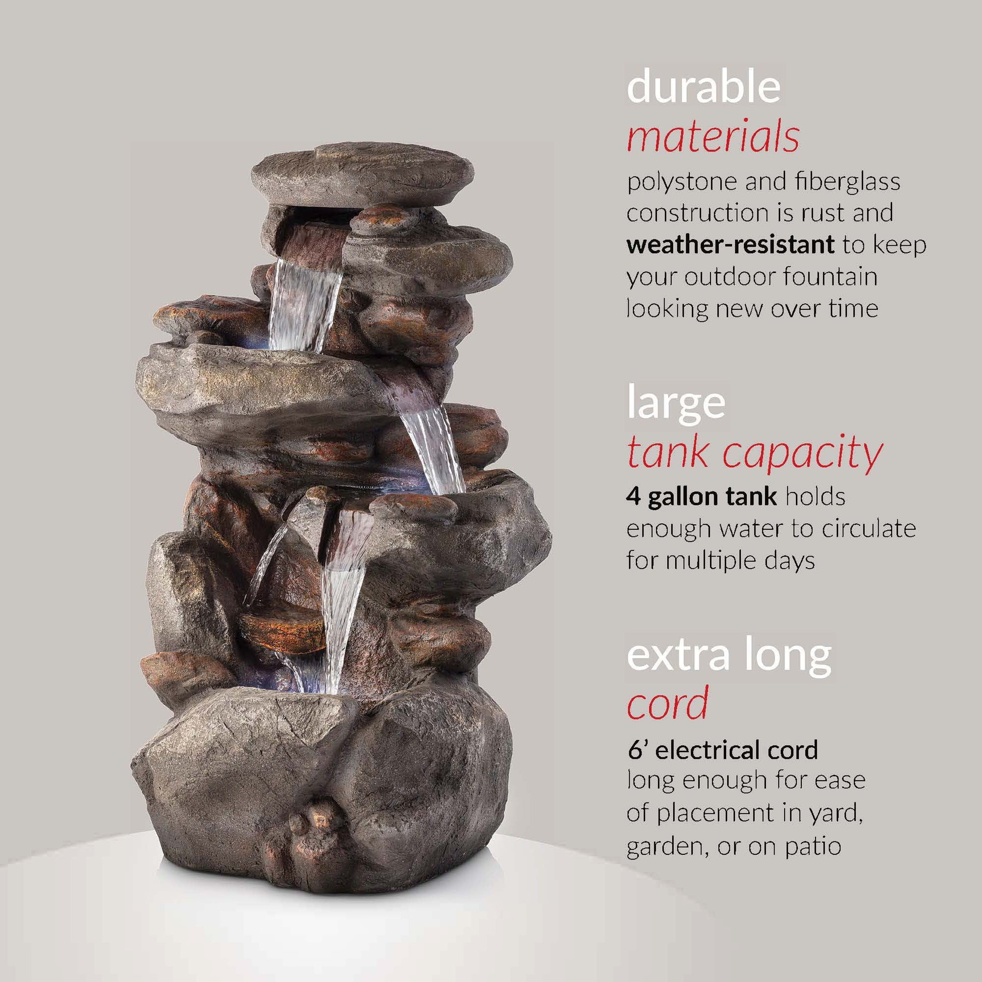 Alpine Corporation WIN1184 40" Outdoor Floor 3-Tiered Rock Waterfall Fountain with LED Lights, Natural Stone Look - Cascading Water Feature for Gardens, Patios, Yards, and Outdoor Dcor, Gray