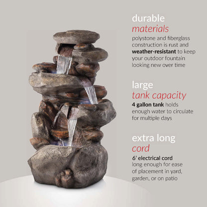 Alpine Corporation WIN1184 40" Outdoor Floor 3-Tiered Rock Waterfall Fountain with LED Lights, Natural Stone Look - Cascading Water Feature for Gardens, Patios, Yards, and Outdoor Dcor, Gray
