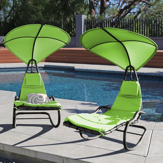 2X Rocking Hanging Lounge Chair - Curved Chaise Rocking Lounge Chair Swing For Backyard Patio w/Built-in Pillow Removable Canopy with stand {Green}