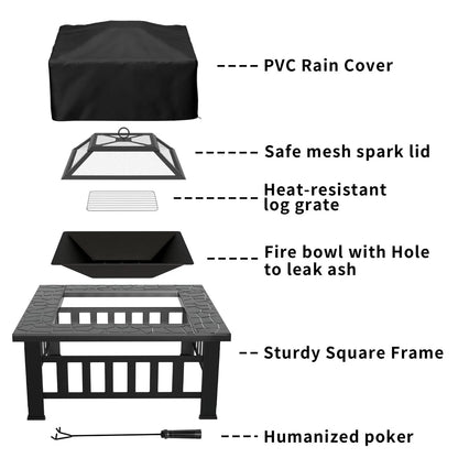 Lacoo 32" Patio Square Fire Pit Table for Patio Backyard BBQ, Ice Storage with Mesh Lid, Poker and Cover, Black