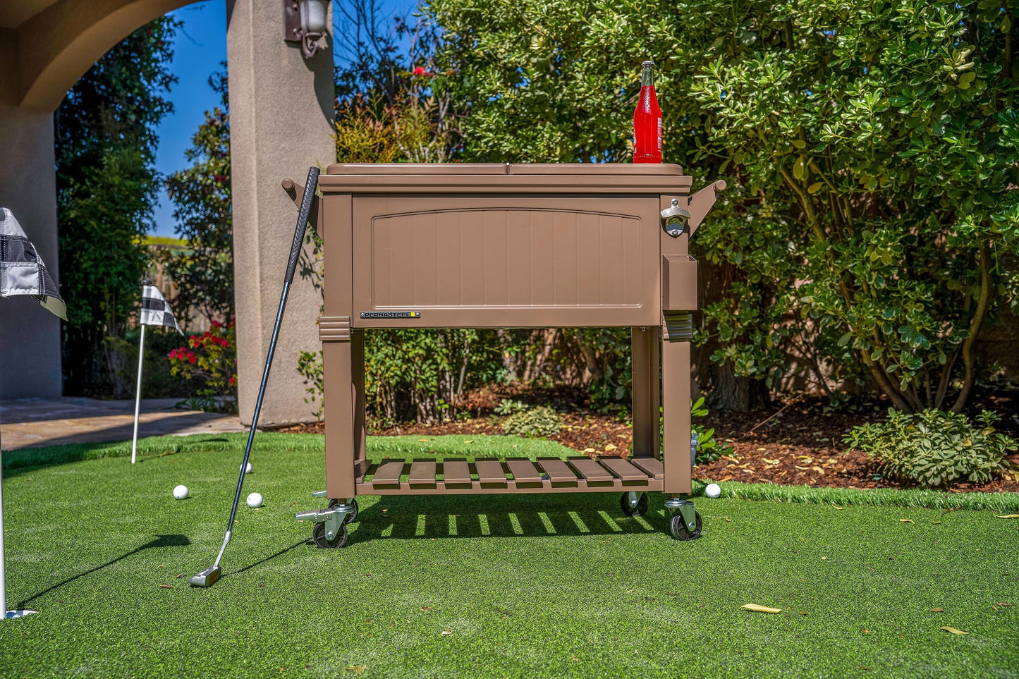 Permasteel 80-Qt Antique Outdoor Steel Patio Cooler on Wheels, Rolling Cooler Cart, Wooden Teak Style, Taupe