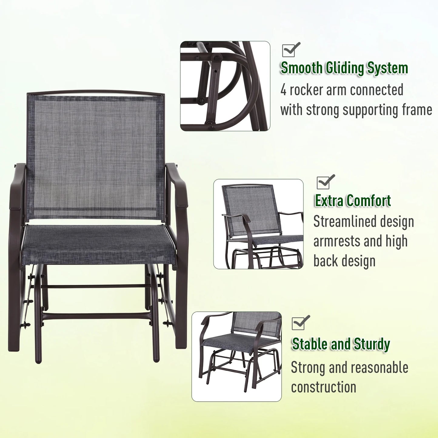 Outsunny Set of 3 Rocking Glider Chair w/Table Mesh Patio Outdoor Furniture, Gray