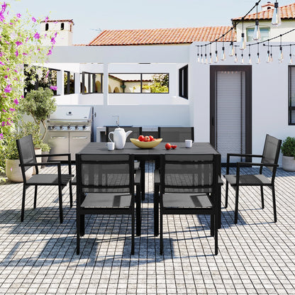 Patio Dining Set, 7PCS Outdoor Plastic-Wood Table & Textilene Chairs Set, Outdoor Furniture Dining Table Set, Garden Porch Backyard Poolside Sectional Conversation Set