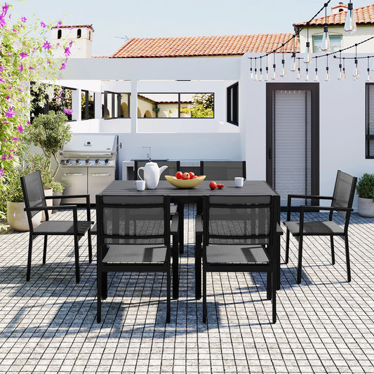 Patio Dining Set, 7PCS Outdoor Plastic-Wood Table & Textilene Chairs Set, Outdoor Furniture Dining Table Set, Garden Porch Backyard Poolside Sectional Conversation Set