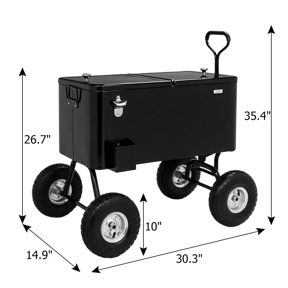 VINGLI 80 Quart Wagon Rolling Cooler Ice Chest, w/Long Handle and 10" Wheels, Portable Beach Patio Party Bar Cold Drink Beverage , Outdoor Park Cart on Wheels
