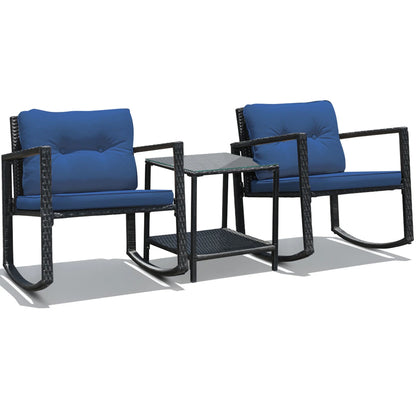 Gymax 3PCS Rattan Rocking Chair Table Set Patio Furniture Set w/Navy Cushions