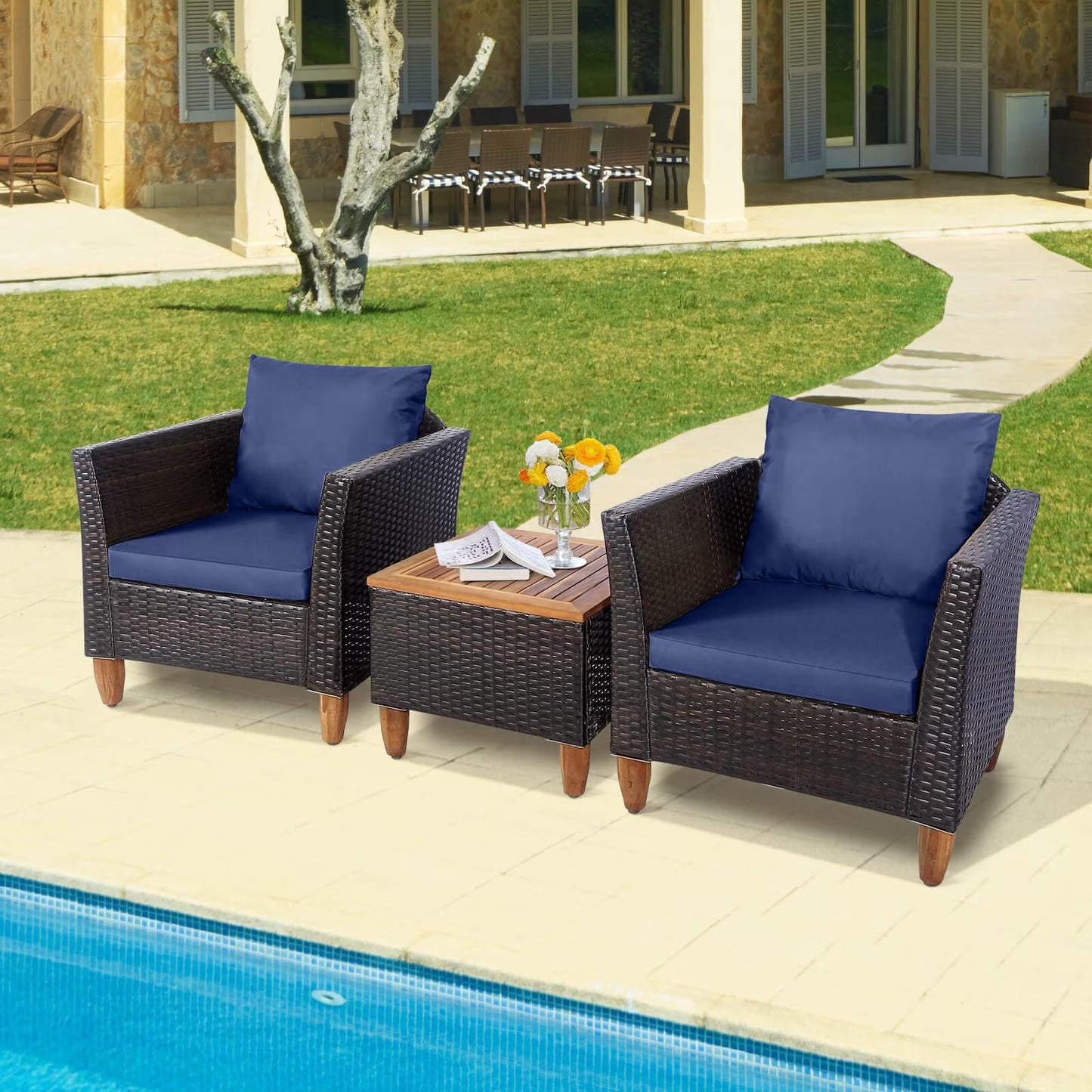 Costway 3PCS Patio Wicker Rattan Sofa Set Furniture Outdoor Acacia Wood Conversation Brown