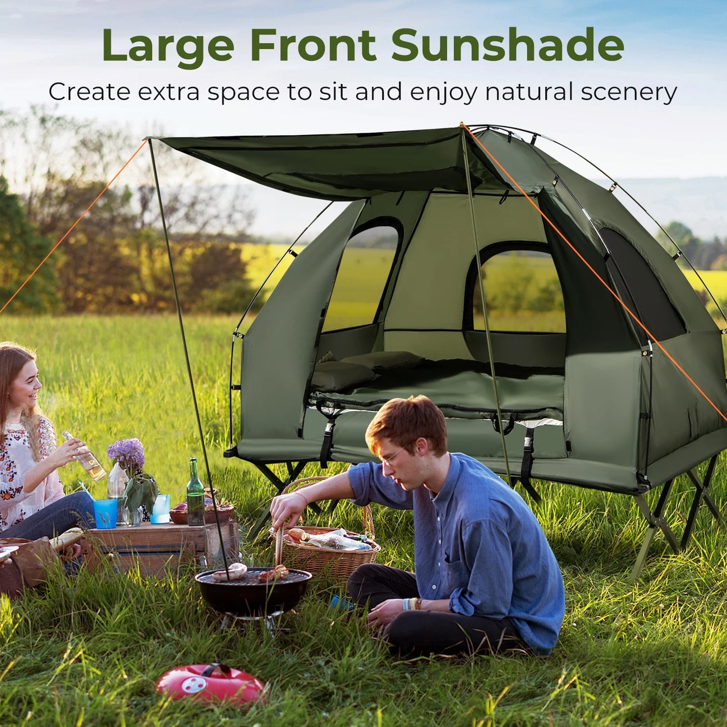 Patiojoy Folding 2-Person Camping Tent Cot Portable Pop-Up Tent with Sleeping Bag& Air Mattress for Outdoor Activity
