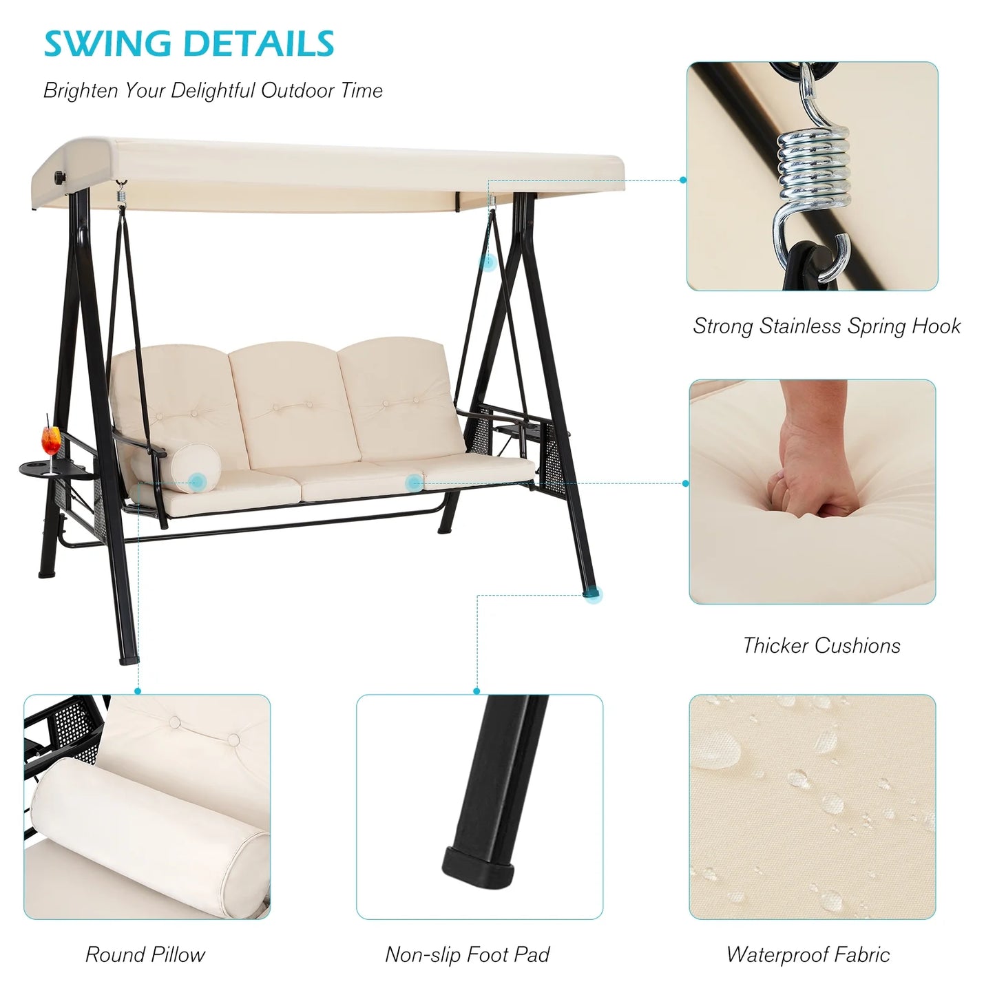 AECOJOY 3 Persons Outdoor Patio Canopy Steel Porch Swing Chair-Beige, Porch Swing