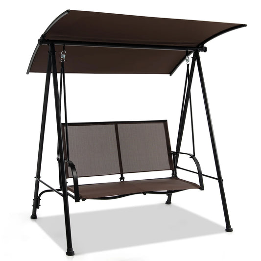 Gymax 2-Person Patio Swing Seat Swing Bench Canopy Swing Loveseat Outdoor Dark Brown