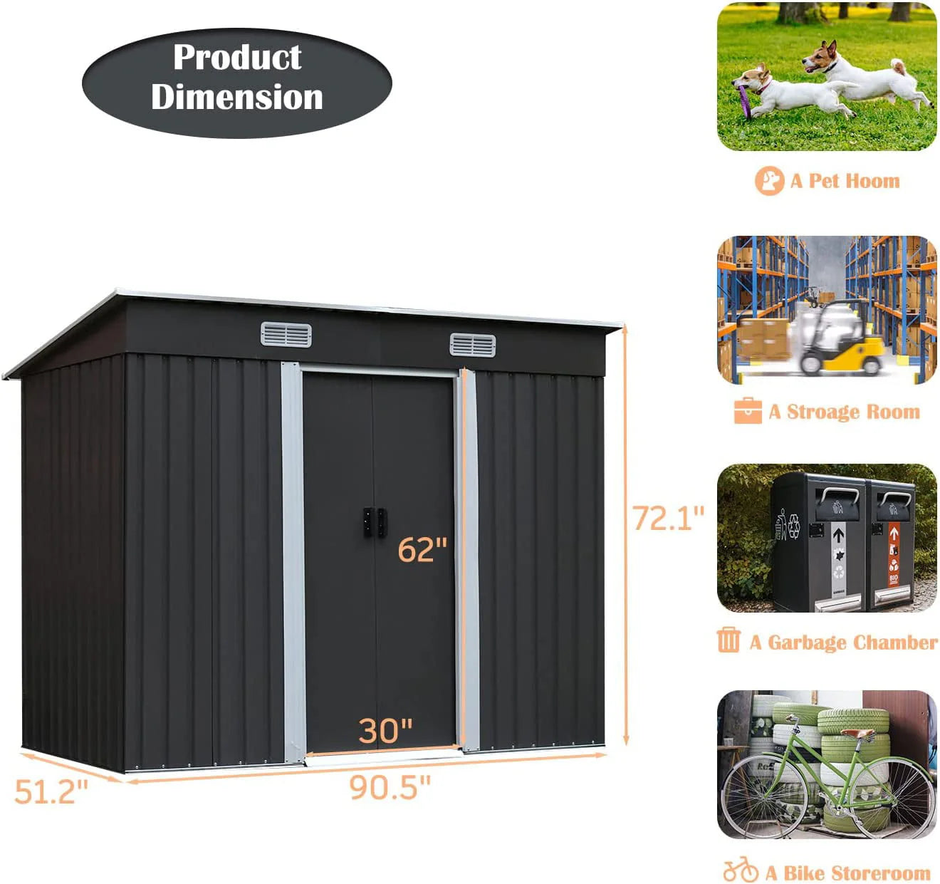 8 x 4 FT Outdoor Storage Shed, Metal Outside Sheds & Outdoor Storage with Sliding Doors and Vents, Steel Garden Shed Outdoor Utility Tool Shed with Pent Roof for Backyard Patio Garden Lawn, Grey