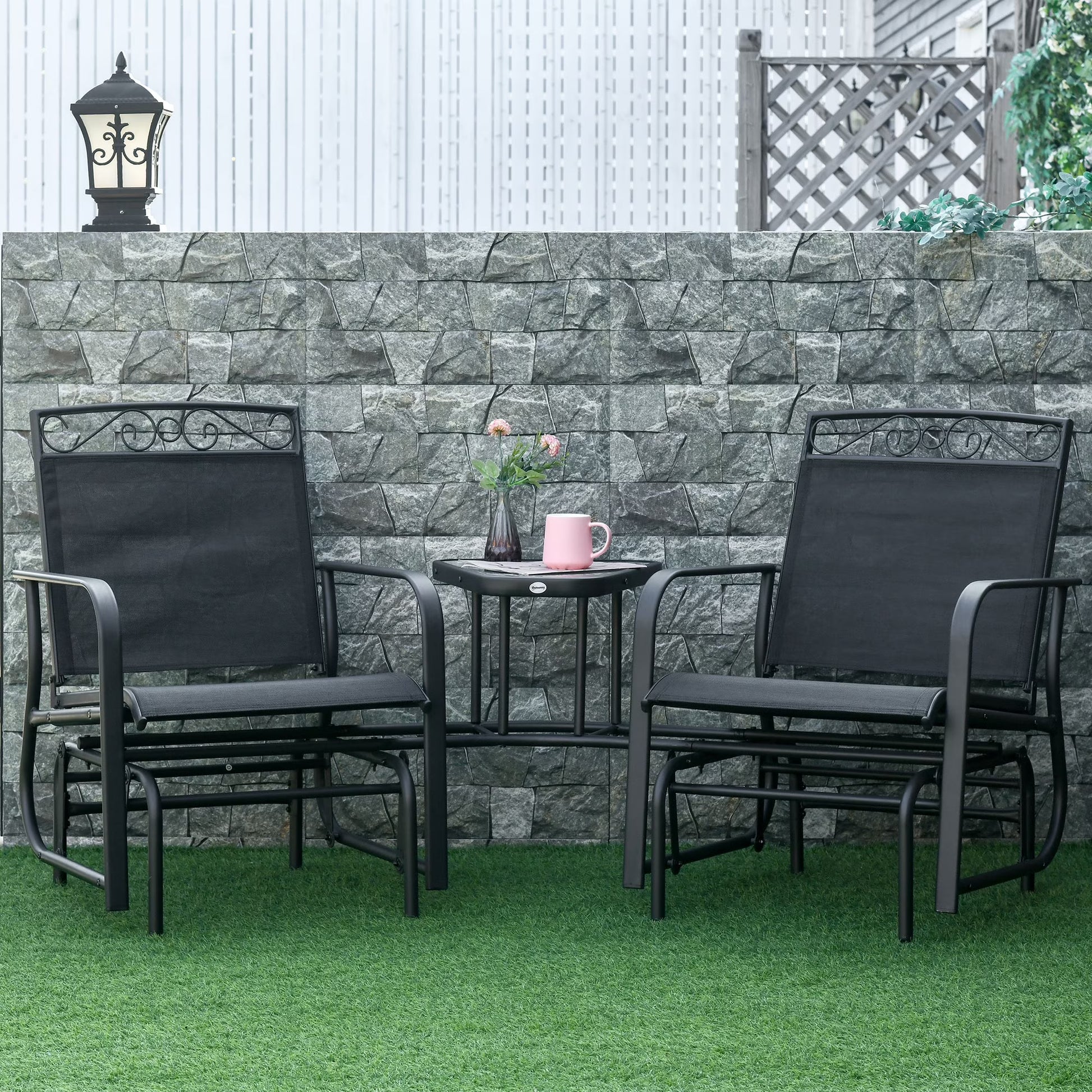 Outsunny Outdoor Glider Chairs with Coffee Table, Patio 2-Seat Rocking Chair Swing with Breathable Sling for Backyard, Garden and Porch, Black