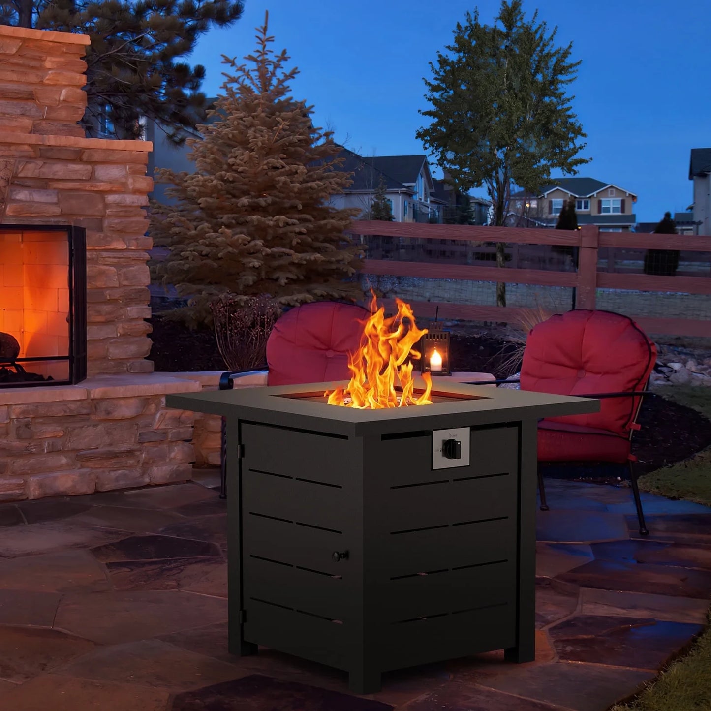 AMONSEE Propane Fire Pit for Outside, 28" GAS Firepit Table with Lid and Lava Rock for Patio Garden Party