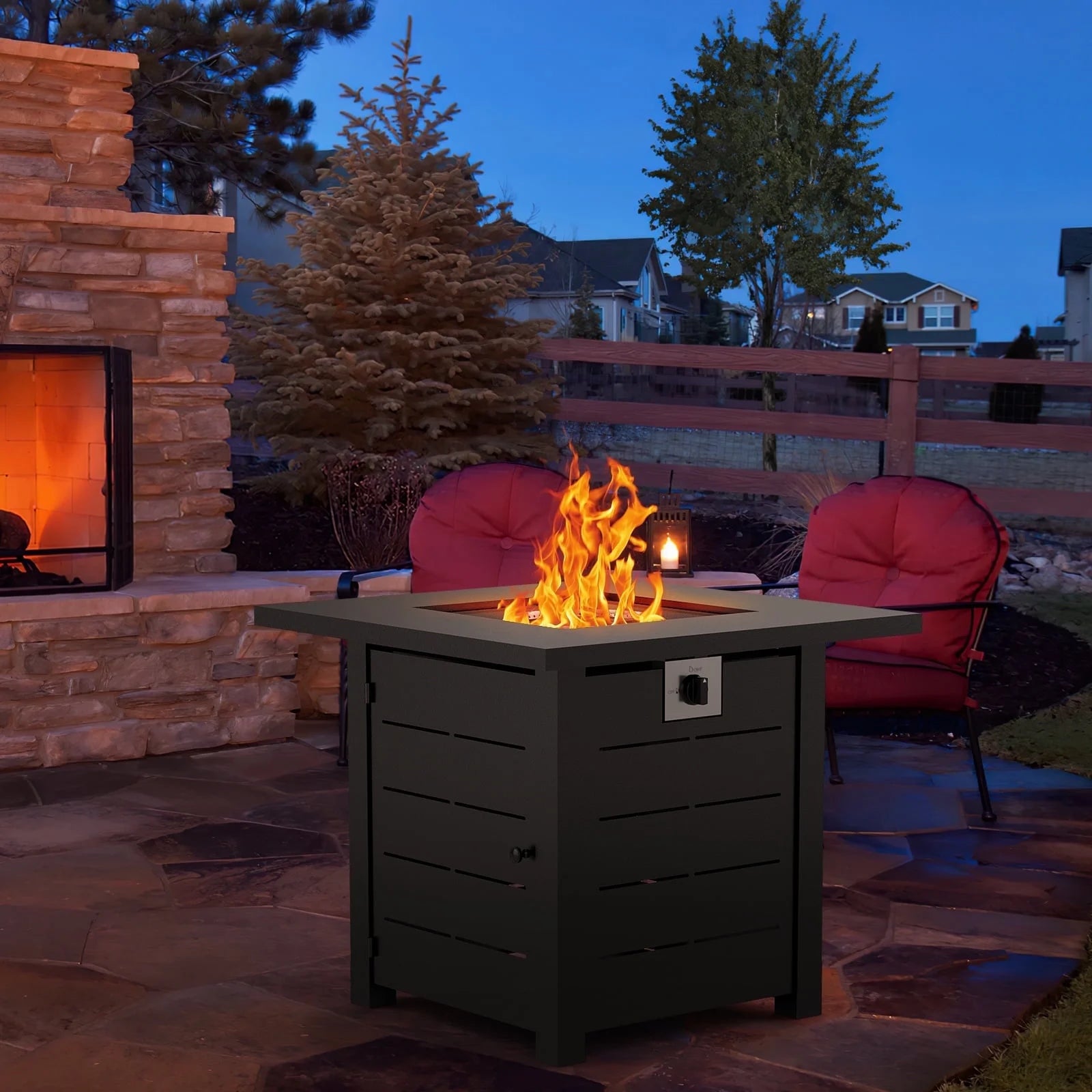 AMONSEE Propane Fire Pit for Outside, 28" GAS Firepit Table with Lid and Lava Rock for Patio Garden Party