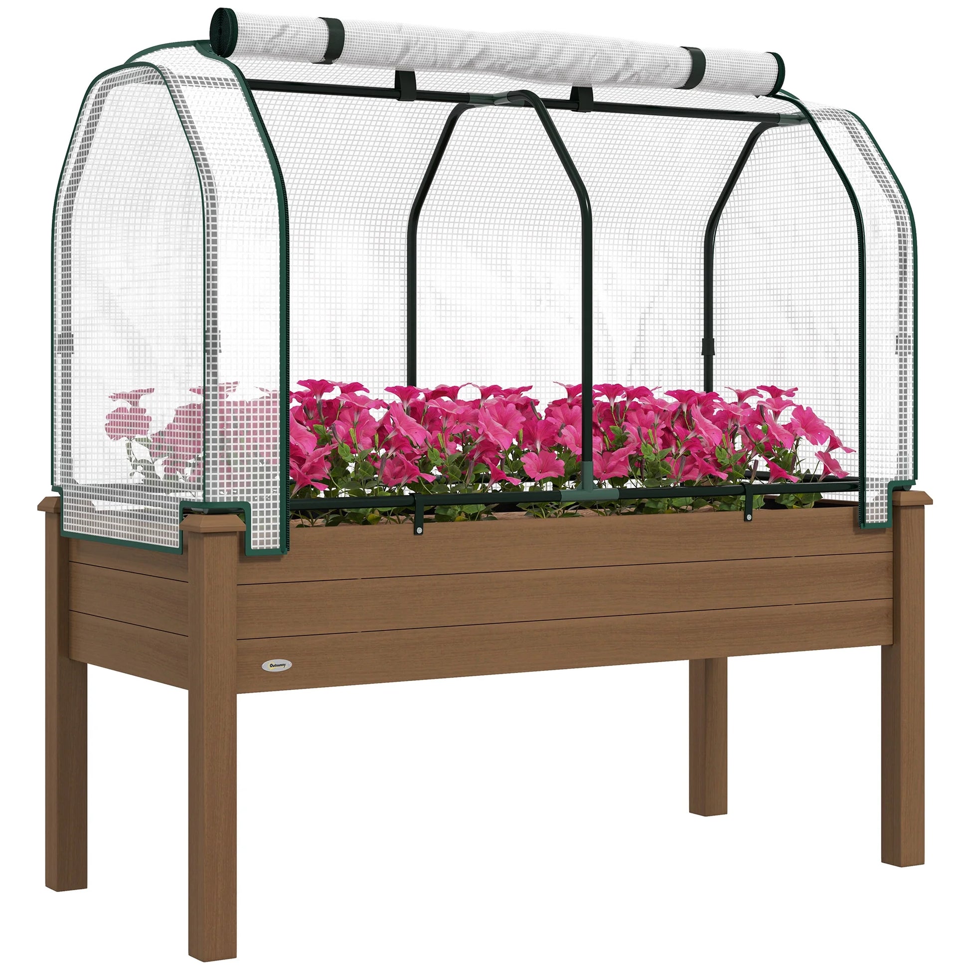 Outsunny Raised Garden Bed with PE Greenhouse Cover Outdoor Elevated Wood Planter Box for Herbs, Vegetables, for Patio, Backyard, Balcony, Brown