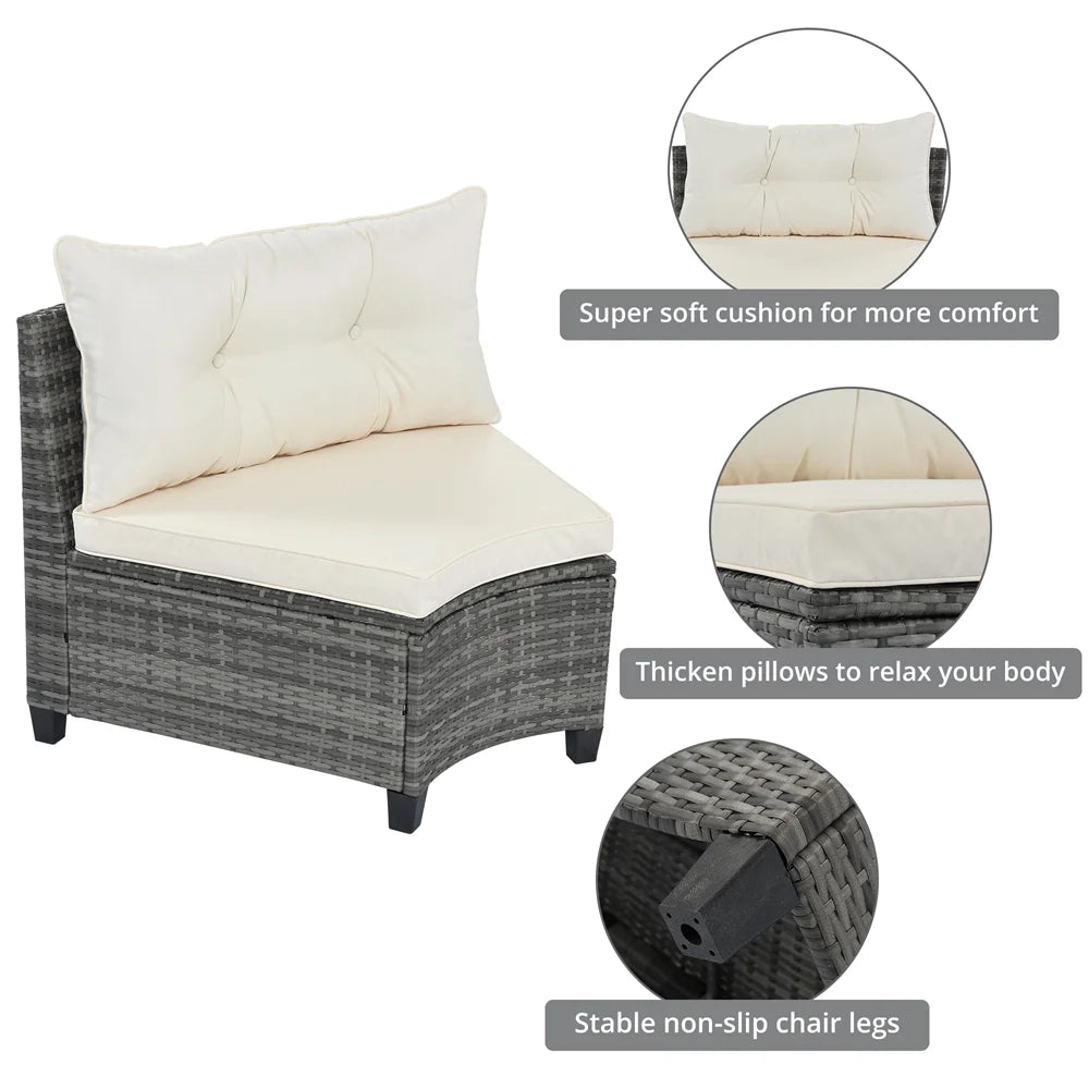 8 Pieces Outdoor Wicker Round Furniture Set, All Weather Half-Moon Sectional Patio Sofa Sets with Rectangular Coffee Table, Beige