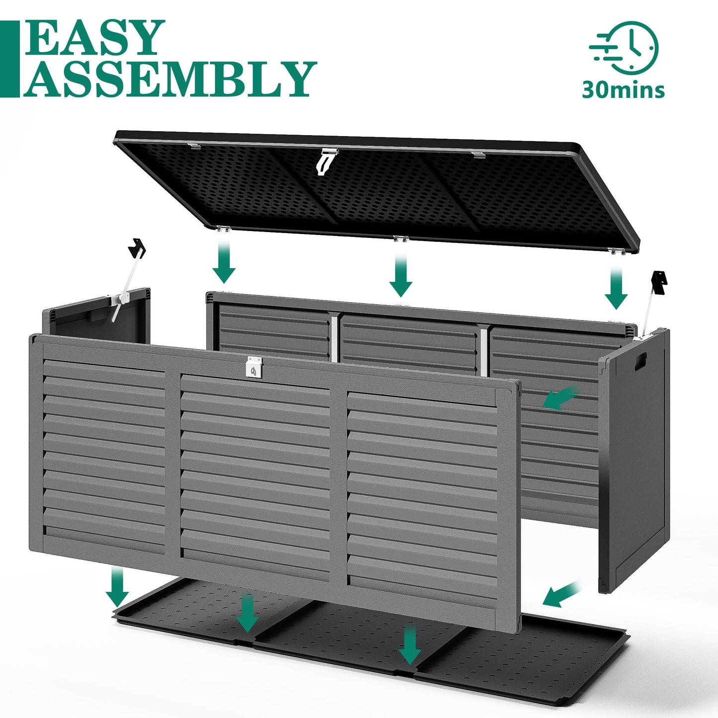 130 Gallon Resin Deck Box, Outdoor Lockable Storage Container for Patio Cushions, Garden Tools, Pool Supplies, Toys, Waterproof and UV Resistant, Reinforced Rib Design, Gray