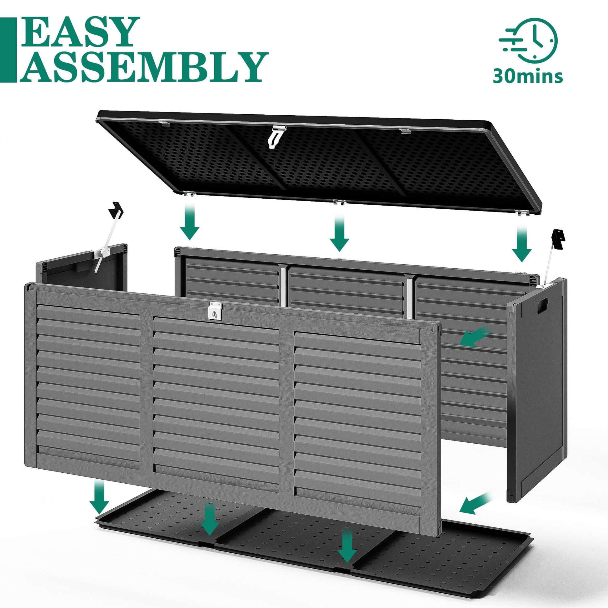 130 Gallon Resin Deck Box, Outdoor Lockable Storage Container for Patio Cushions, Garden Tools, Pool Supplies, Toys, Waterproof and UV Resistant, Reinforced Rib Design, Gray