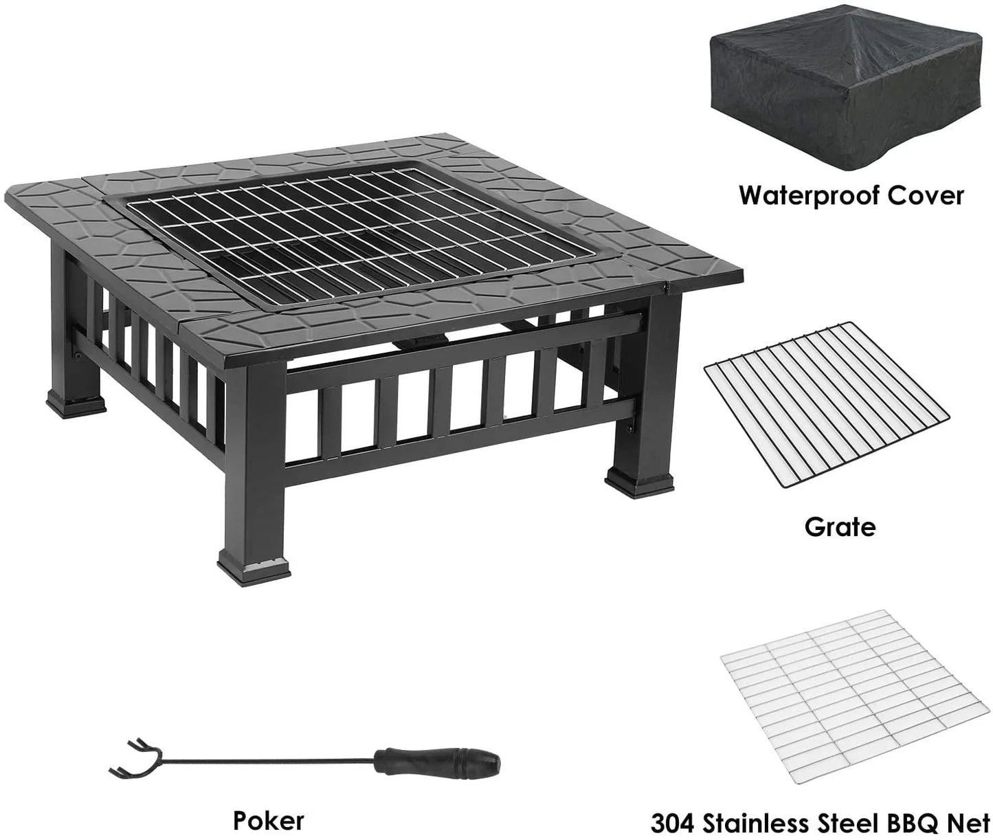 LAZY BUDDY Steel Fire Pits for Outside, 32'' Square Wood Burning Fire Pit Table, Outdoor Patio BBQ Firepit Bonfire Party