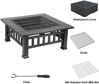 LAZY BUDDY Steel Fire Pits for Outside, 32'' Square Wood Burning Fire Pit Table, Outdoor Patio BBQ Firepit Bonfire Party