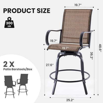 Farini Outdoor Bar Stools Set of 2, 360° Swivel Patio Barstools with Textile Fabric,Ergonomic Comfort Bar Height Tall Outdoor Stools for Balcony,Brown